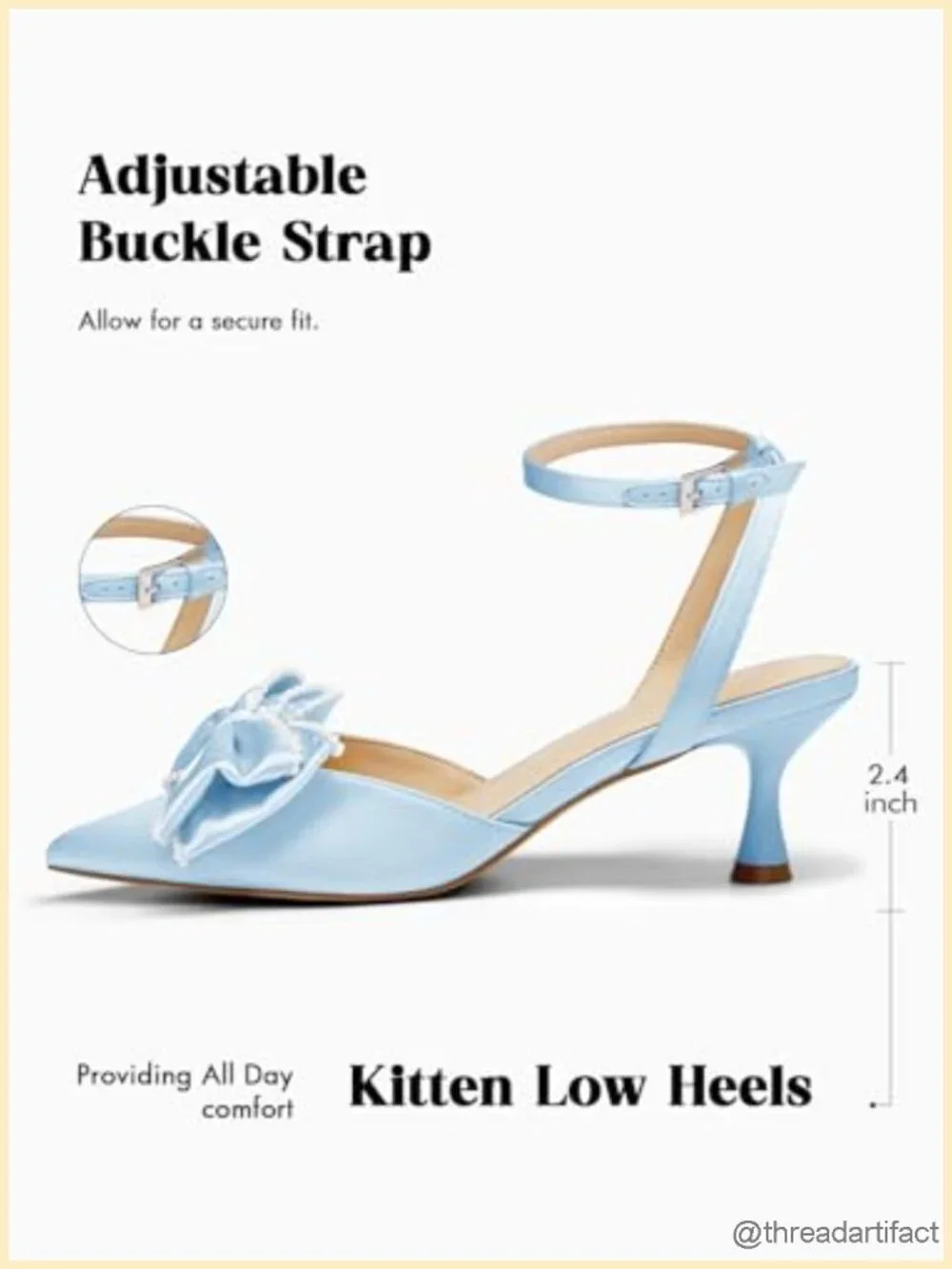 Satin Kitten Low Heels Bow Pearl Pointed Toe Pumps Ankle Strap Wedding Shoes